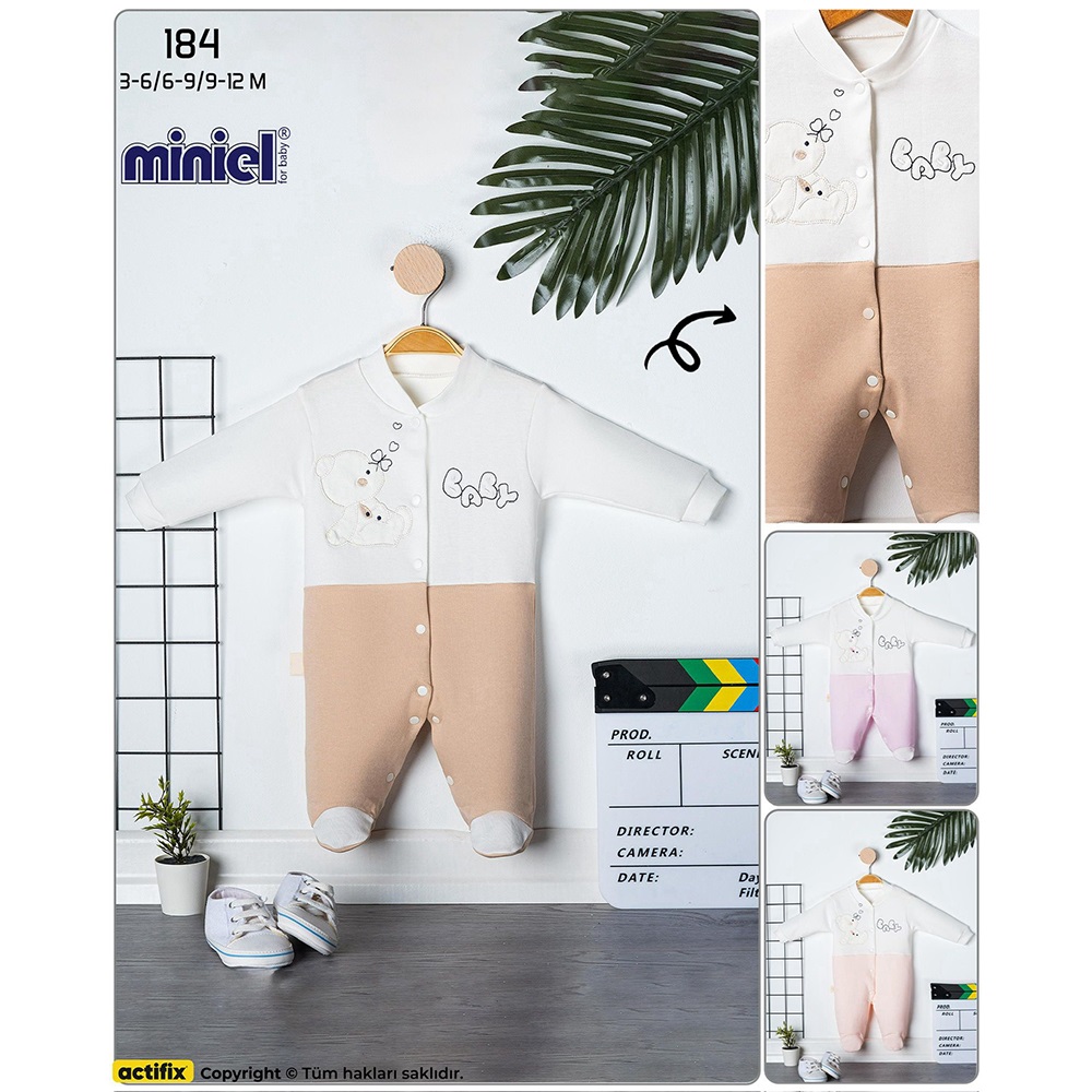 Miniel 184 Bebe Penye Sevimli Ayıcık Nakışlı Patikli Tulum 3-12 Ay - Karışık Renk - 3-6-9-12 AY