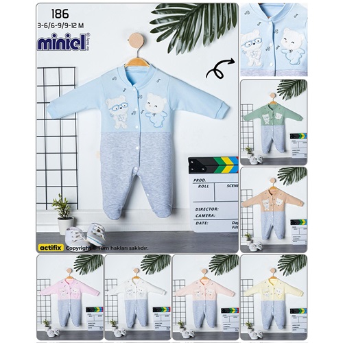 Miniel 186 Bebe Penye Sevimli 2 Ayıcık Nakışlı Patikli Tulum 3-12 Ay - Karışık Renk - 3-6-9-12 AY