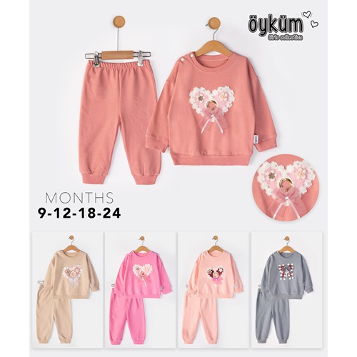 Öyküm 1725 Kız Bebe Penye Triko Kalp Nakışlı Takım 9-24 Ay - Karışık Renk - 9-24 AY