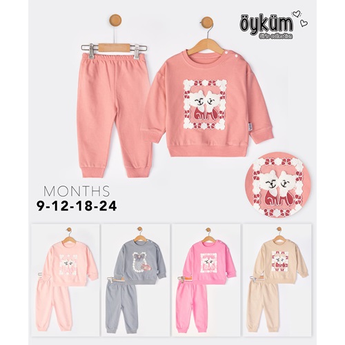 Öyküm 1726 Kız Bebe Penye Triko Sevimli 2 Kedi Nakışlı Takım 9-24 Ay - Karışık Renk - 9-24 AY