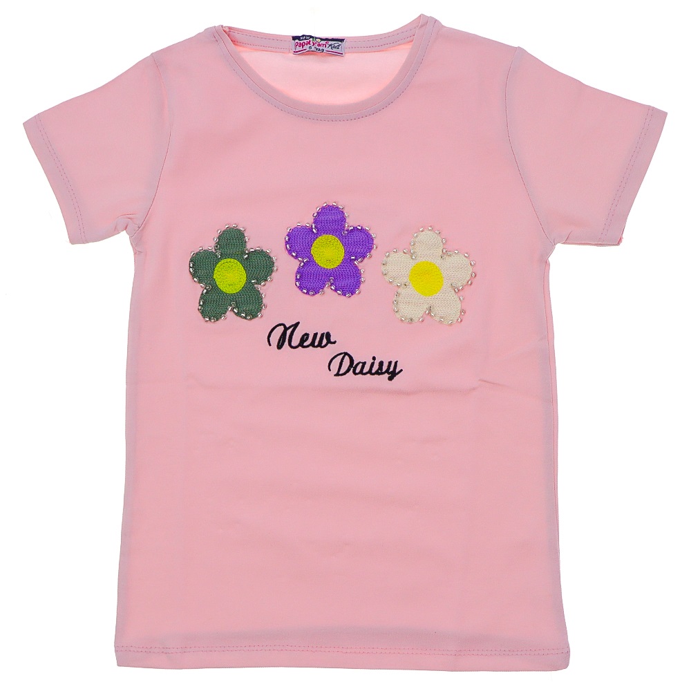 Papatyam Kids 10728 Kız Çocuk Penye Taşlı 3 Papatya Nakışlı Tişört 5-8 Yaş - Karışık Renk - 5-8 YAŞ