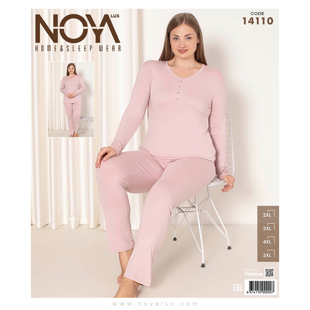 Noya Lux 14110 Bayan Battal Düğmeli Patlı Uzun Kol Pijama Takımı 2XL-5XL - Pudra - 2XL