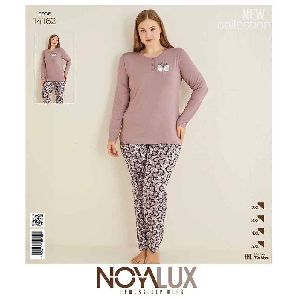 Noya Lux 14162 Bayan Battal Düğmeli Patlı Uzun Kol Pijama Takımı 2XL-5XL - Lila - 2XL