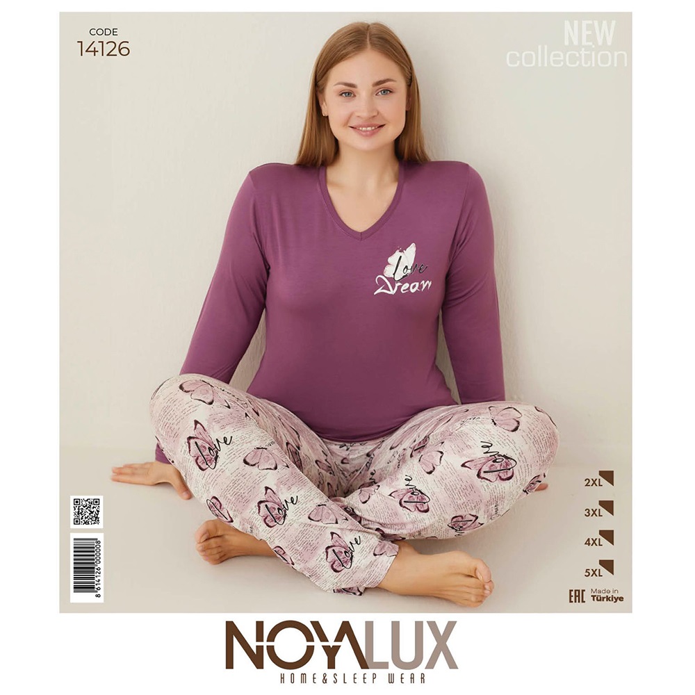 Noya Lux 14126 Bayan Battal Penye V Yaka Pijama Takımı 2XL-5XL - Koyu Lila - 5XL