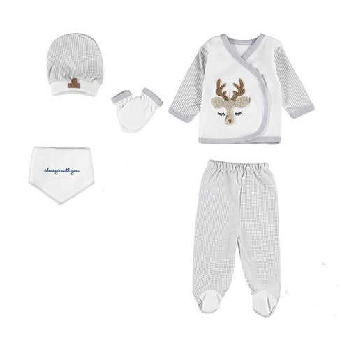 ConCon 5072 Bebe Organik Lüx Süzine Geyik Nakışlı 5 Parça Zıbın Set 0-3 Ay - Karışık Renk - 0-3 AY