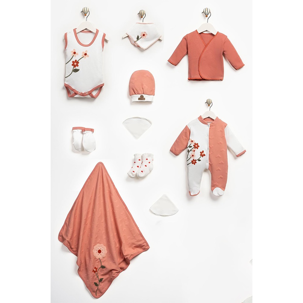 ConCon 8080 Bebe Organik Lüx Çiçek Nakışlı 8 Parça Zıbın Set 0-3 Ay - Karışık Fosforlu - 0-3 AY