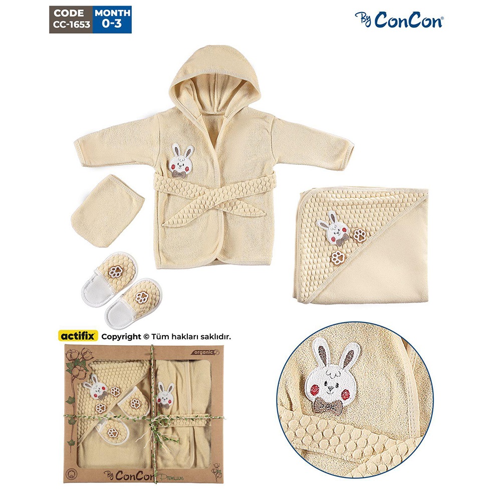 ConCon 1653 Bebe Organik Sevimli Tavşan Nakışlı 3 Parça Bornoz Seti 0-1 Yaş - Karışık Renk - 0-1 YAŞ