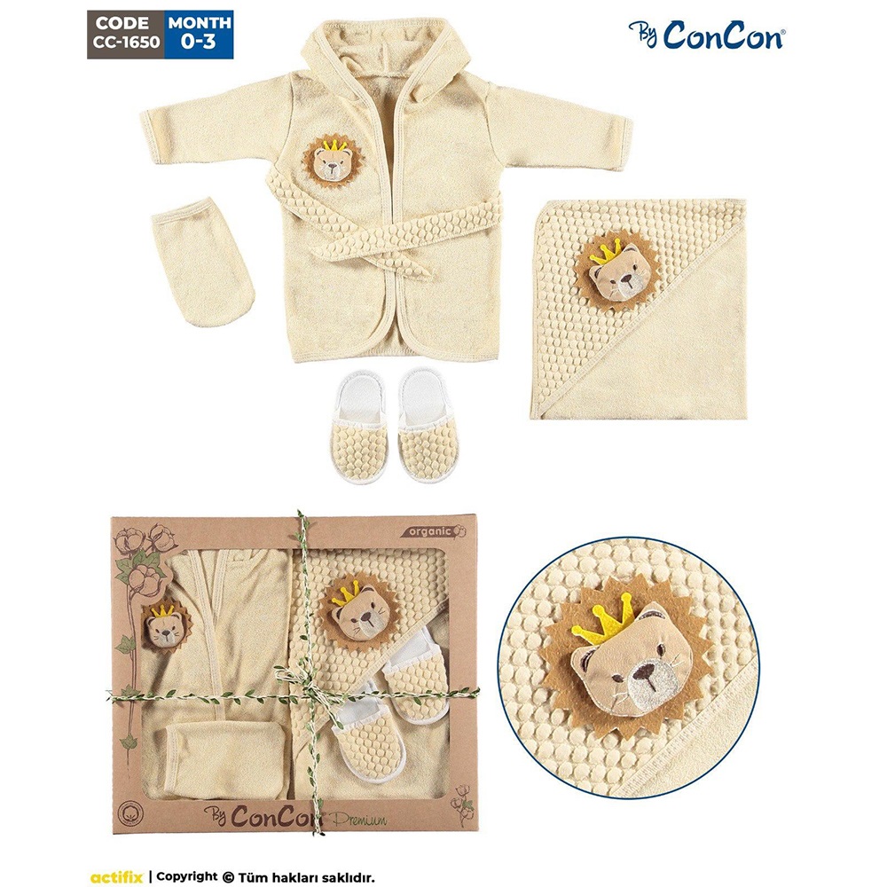 ConCon 1650 Bebe Organik Sevimli Aslan Nakışlı 3 Parça Bornoz Seti 0-1 Yaş - Karışık Renk - 0-3 AY