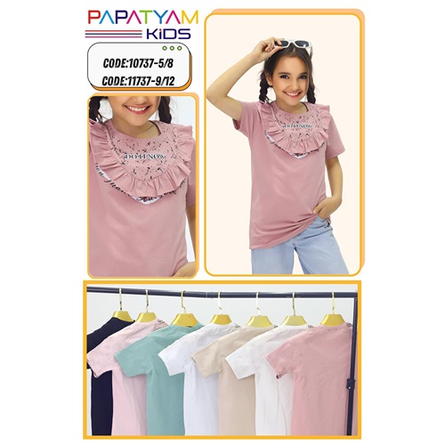 Papatyam Kids 10737 Kız Çocuk PenyeYaka Fırfırlı Baskılı Tişört 5-8 Yaş - Karışık Renk - 5-8 YAŞ