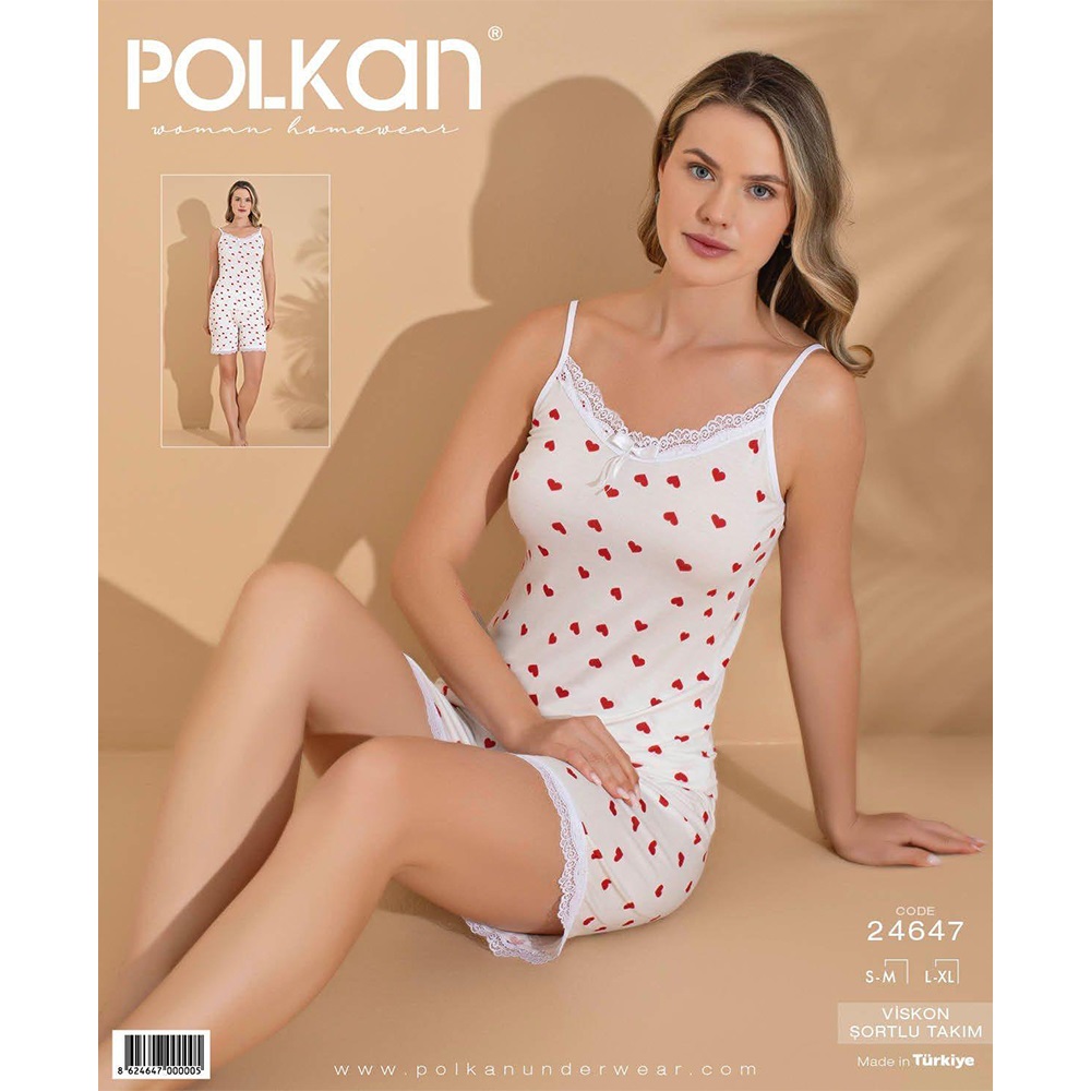 Polkan 24647 Bayan kalp Baskılı Viskon Şortlu Pijama Takımı S-XL