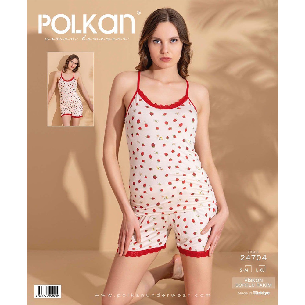 Polkan 24704 Bayan çilek Baskılı Viskon Şortlu Pijama Takımı S-XL