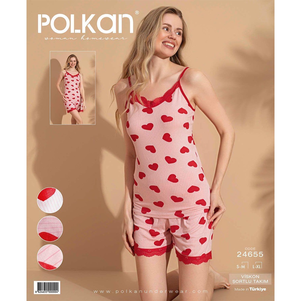 Polkan 24655 Bayan Kalp Baskılı Viskon Şortlu Pijama Takımı S-XL