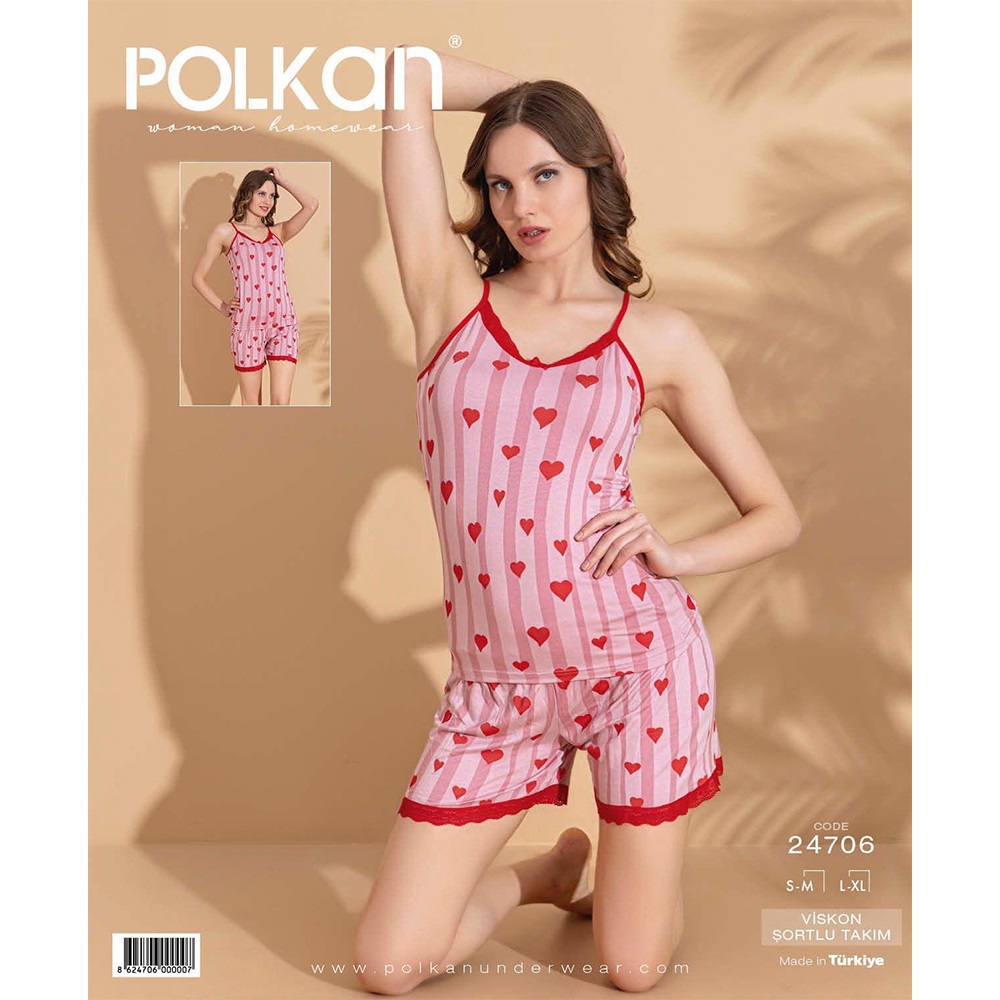 Polkan 24706 Bayan Kalp Baskılı Viskon Şortlu Pijama Takımı S-XL
