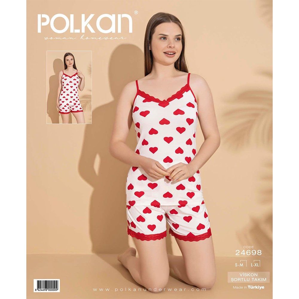 Polkan 24698 Bayan Kalp Baskılı Viskon Şortlu Pijama Takımı S-XL