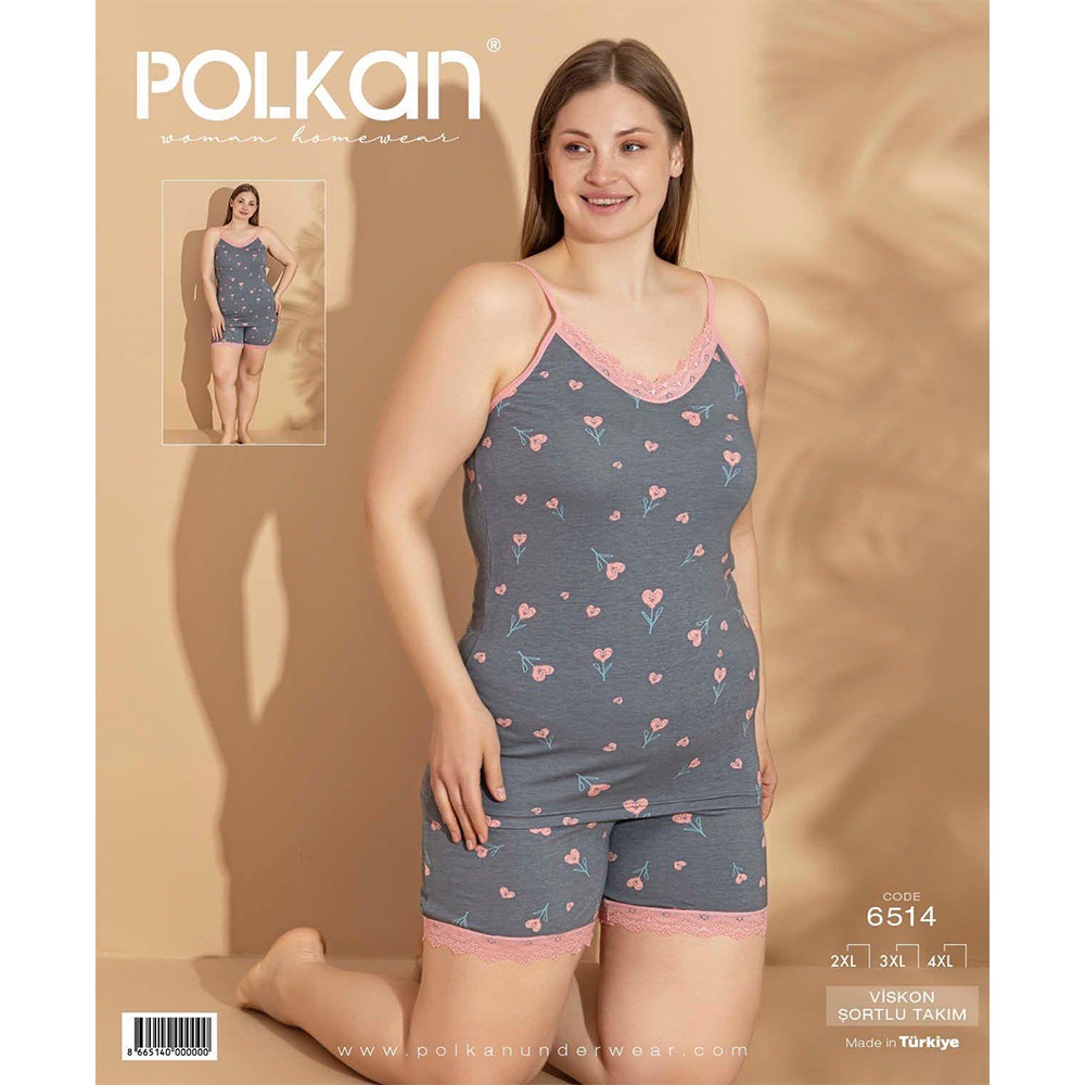 Polkan 6514 Bayan Battai Basklı Viskon Şortlu Pijama Takımı 2XL-4XL