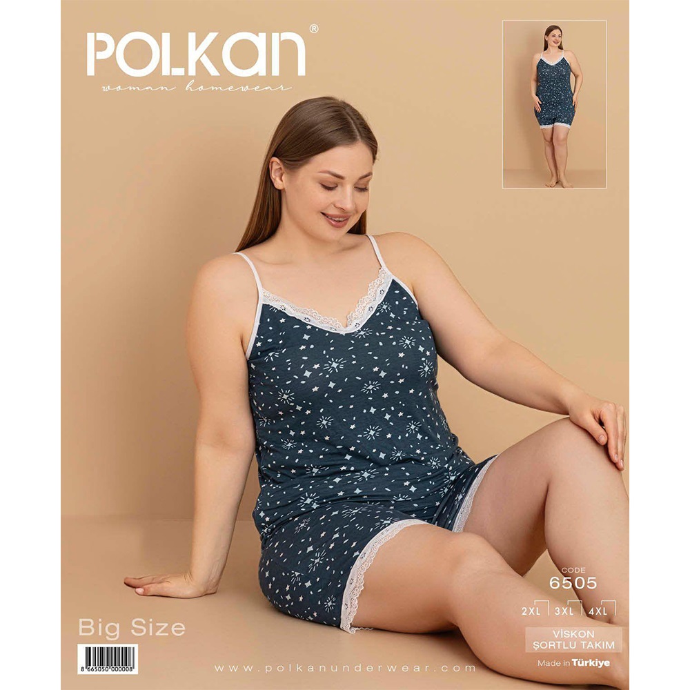 Polkan 6505 Bayan Battai Basklı Viskon Şortlu Pijama Takımı 2XL-4XL