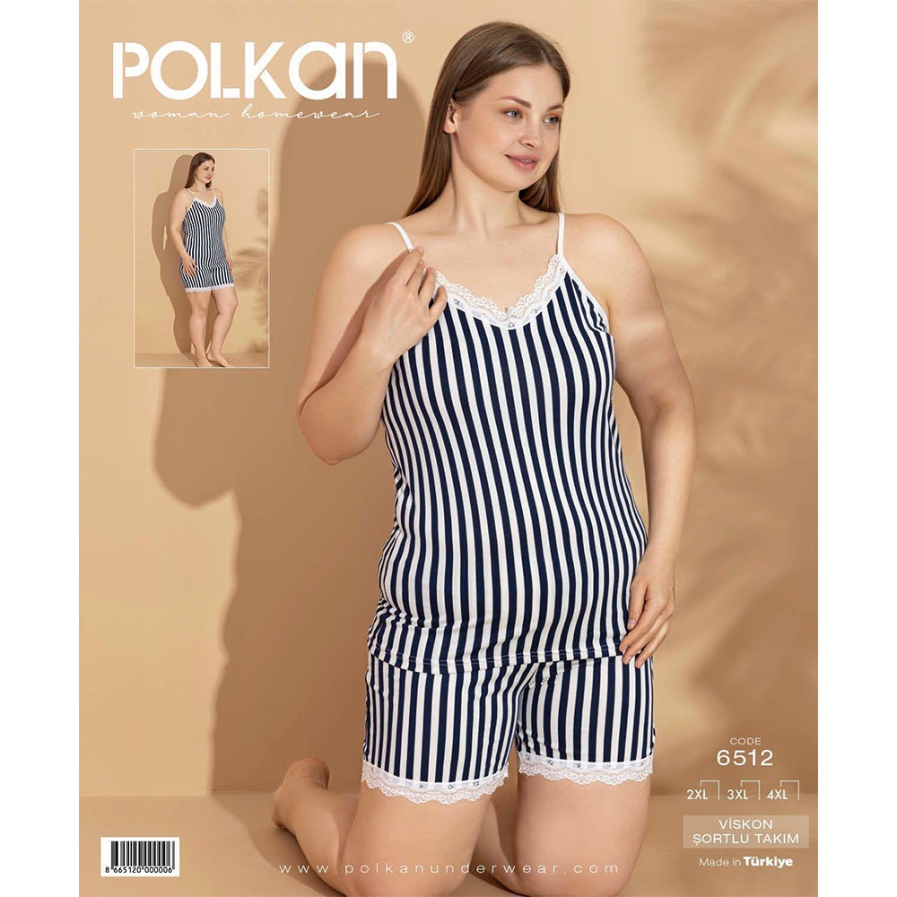 Polkan 6512 Bayan Battai Çizgili Viskon Şortlu Pijama Takımı 2XL-4XL