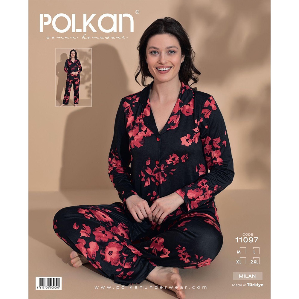 Polkan 11097 Bayan Milan Boydan Düğmeli Uzun Kol Pijama Takımı M-2XL
