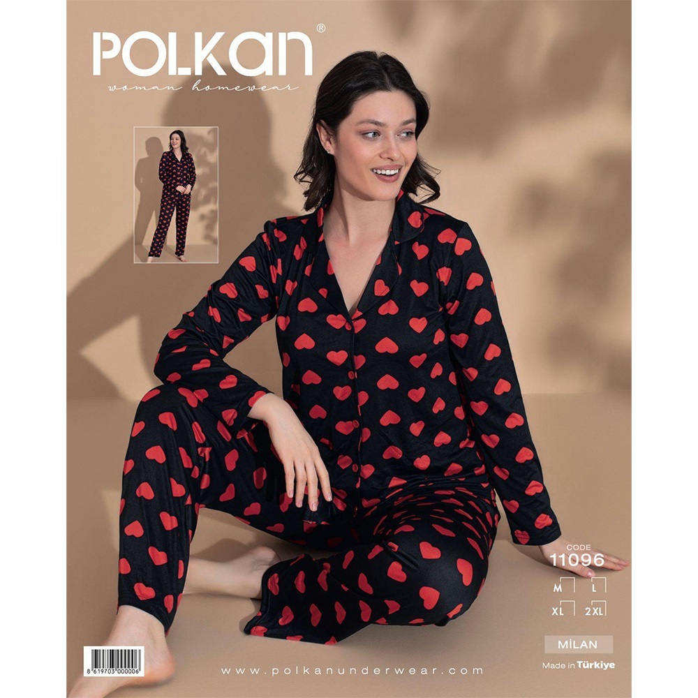 Polkan 11096 Bayan Milan Boydan Düğmeli Uzun Kol Pijama Takımı M-2XL