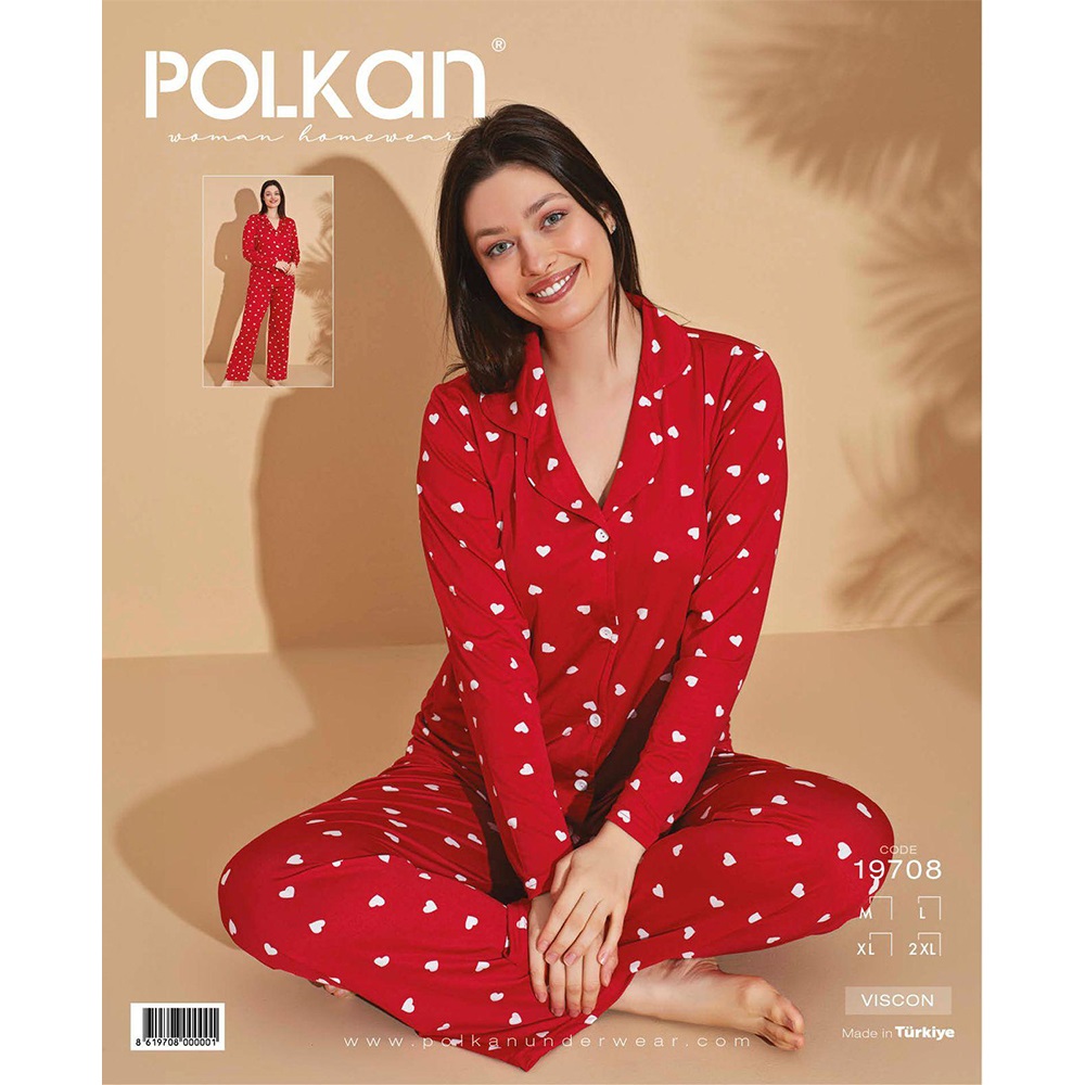 Polkan 11099 Bayan Milan Boydan Düğmeli Uzun Kol Pijama Takımı M-2XL