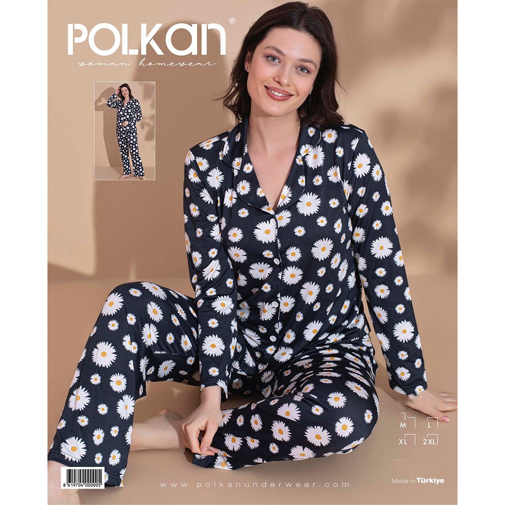 Polkan 11098 Bayan Milan Boydan Düğmeli Uzun Kol Pijama Takımı M-2XL
