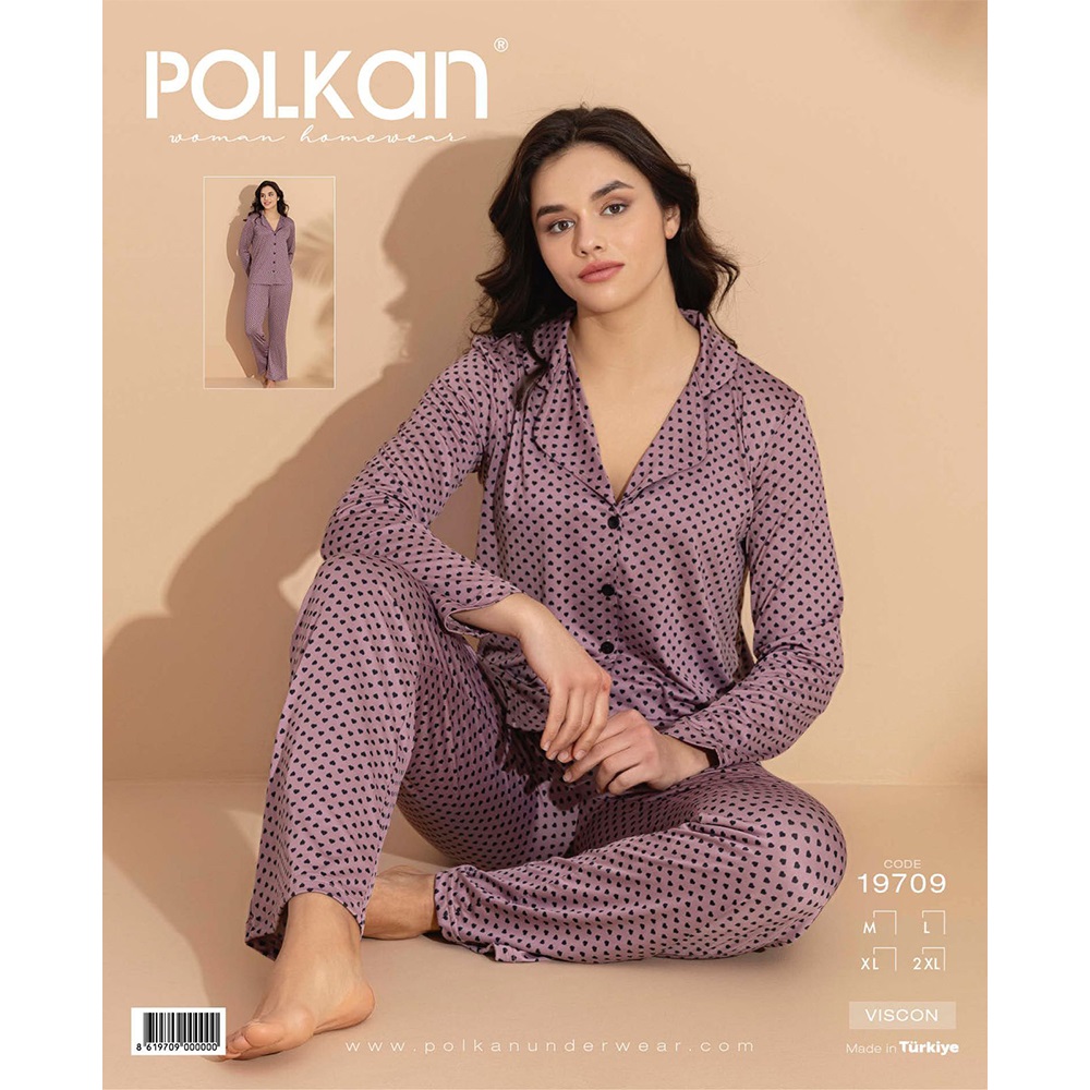 Polkan 19709 Bayan Boydan Düğmeli Viscon Pijama Takımı - Gül Kurusu - 2XL