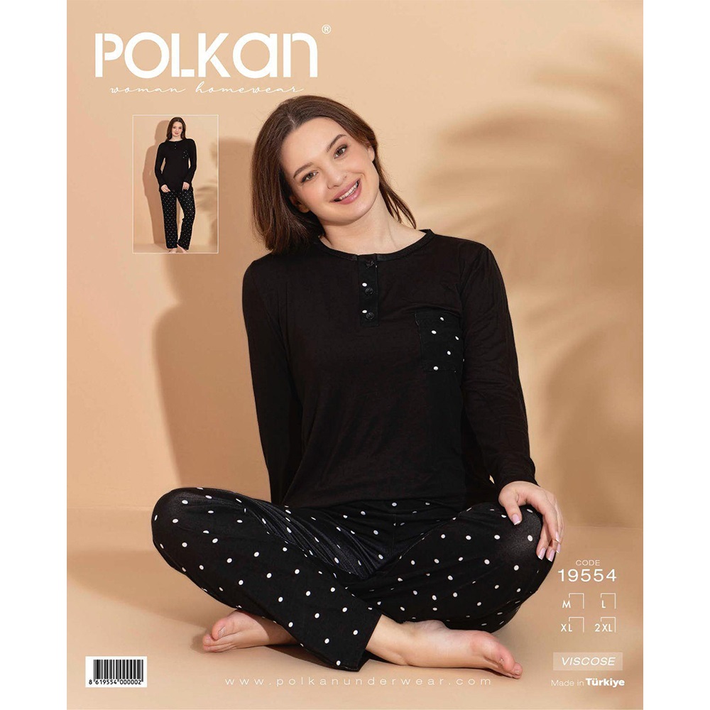 Polkan 19554 Bayan Viskon Desenli Uzun Kol Pijama Takımı M-2XL
