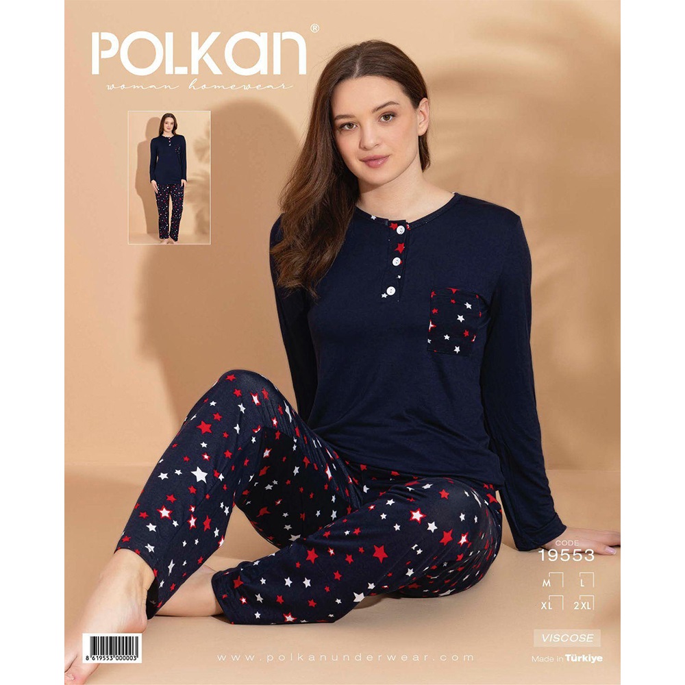 Polkan 19553 Bayan Viskon Desenli Uzun Kol Pijama Takımı M-2XL