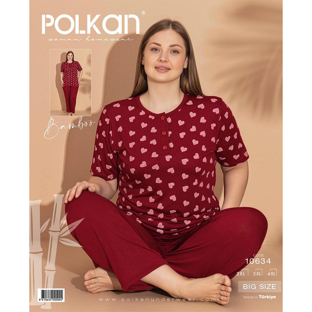 Polkan 10634 Bayan Bambu Desenli Battal Kısa Kol Pijama Takımı 2XL-4XL - Bordo - 2XL