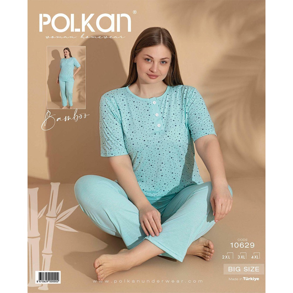 Polkan 10629 Bayan Bambu Desenli Battal Kısa Kol Pijama Takımı 2XL-4XL