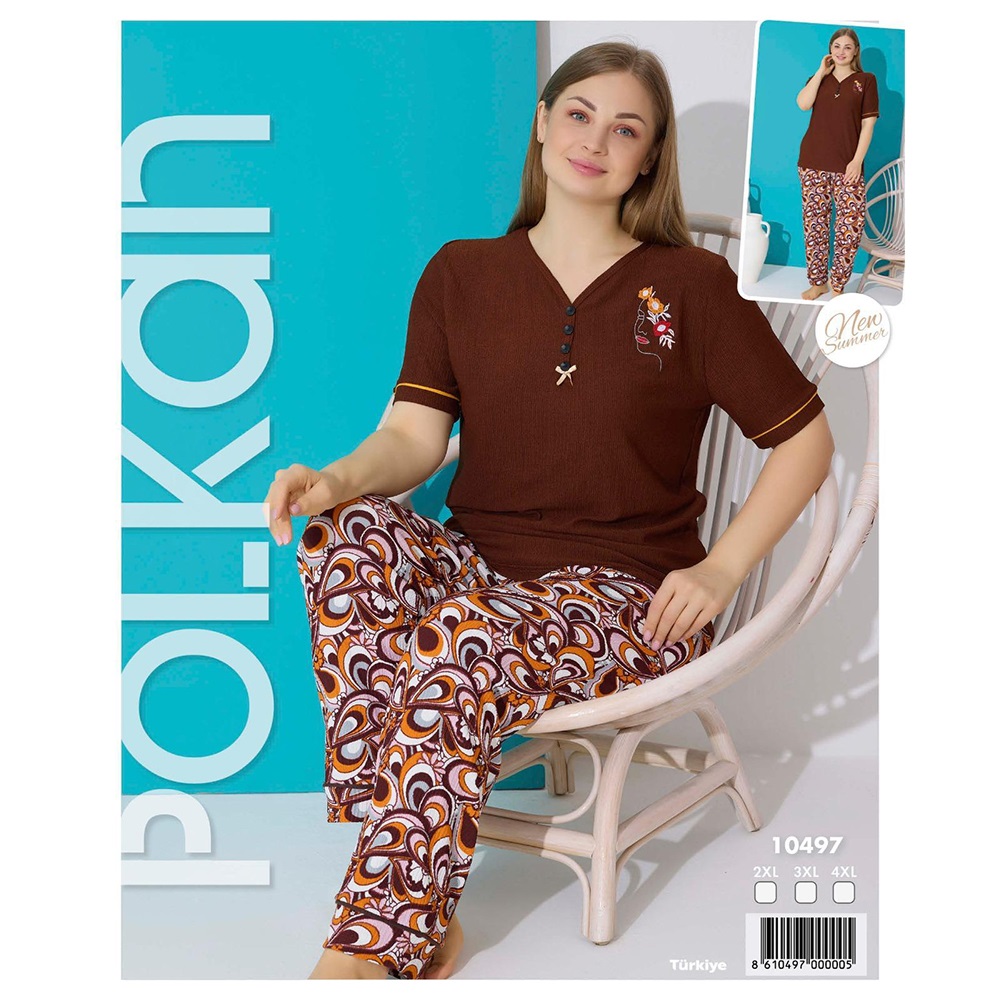 Polkan 10497 Bayan Bambu Desenli Battal Kısa Kol Pijama Takımı 2XL-4XL - Kahverengi - 3XL