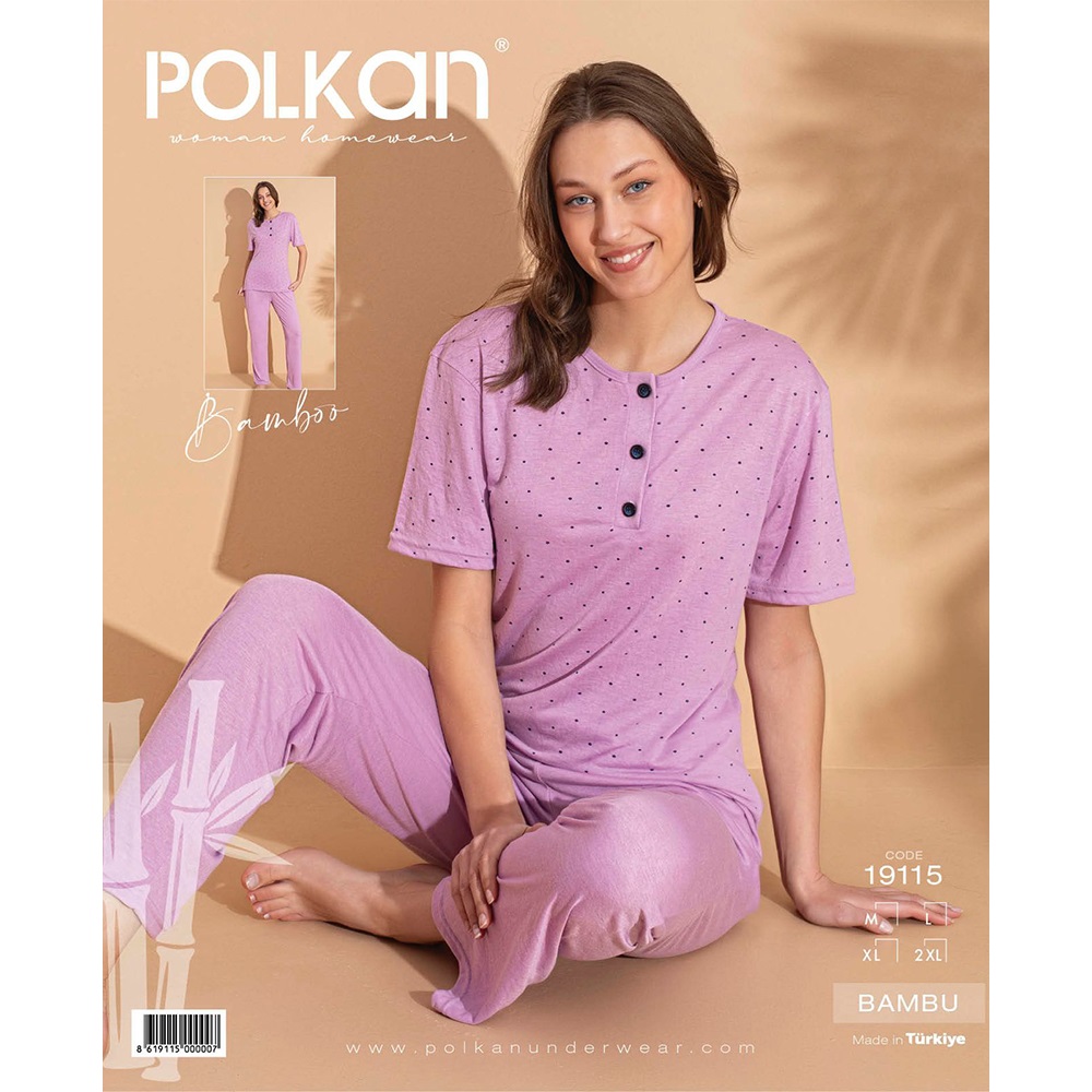 Polkan 19115 Bayan Bambu Desenli Kısa Kol Pijama Takımı M-2XL - Lila - L