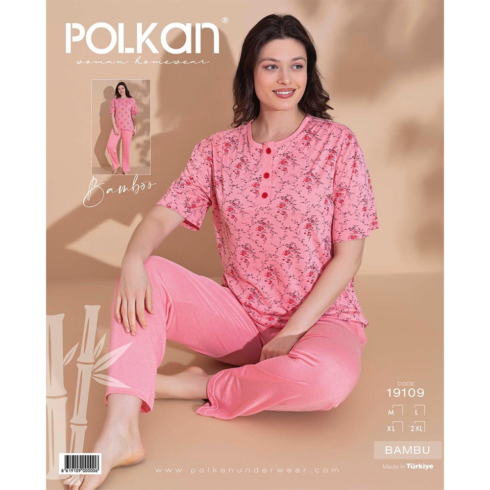 Polkan 19109 Bayan Bambu Desenli Kısa Kol Pijama Takımı M-2XL