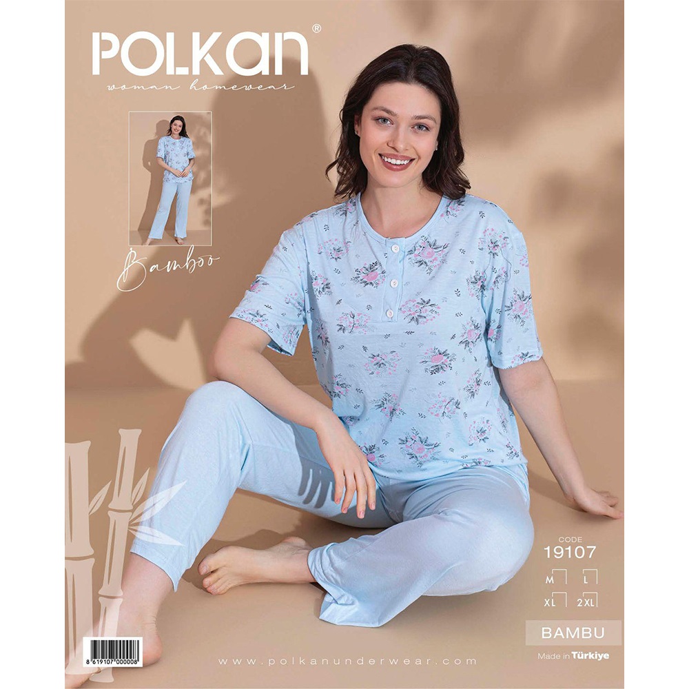 Polkan 19107 Bayan Bambu Desenli Kısa Kol Pijama Takımı M-2XL