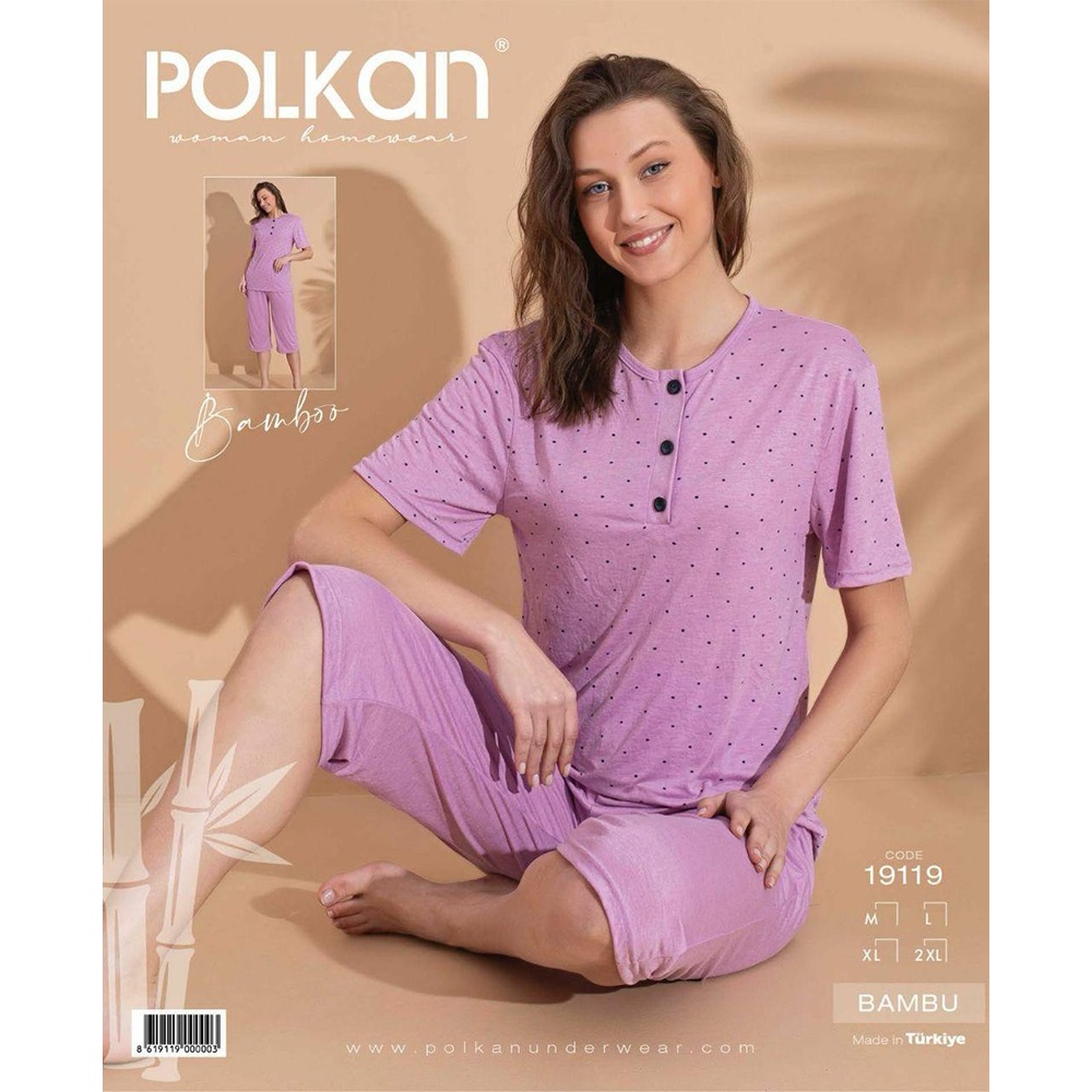 Polkan 19119 Bayan Bambu Kapri Desenli Pijama Takımı M-2XL - Lila - L