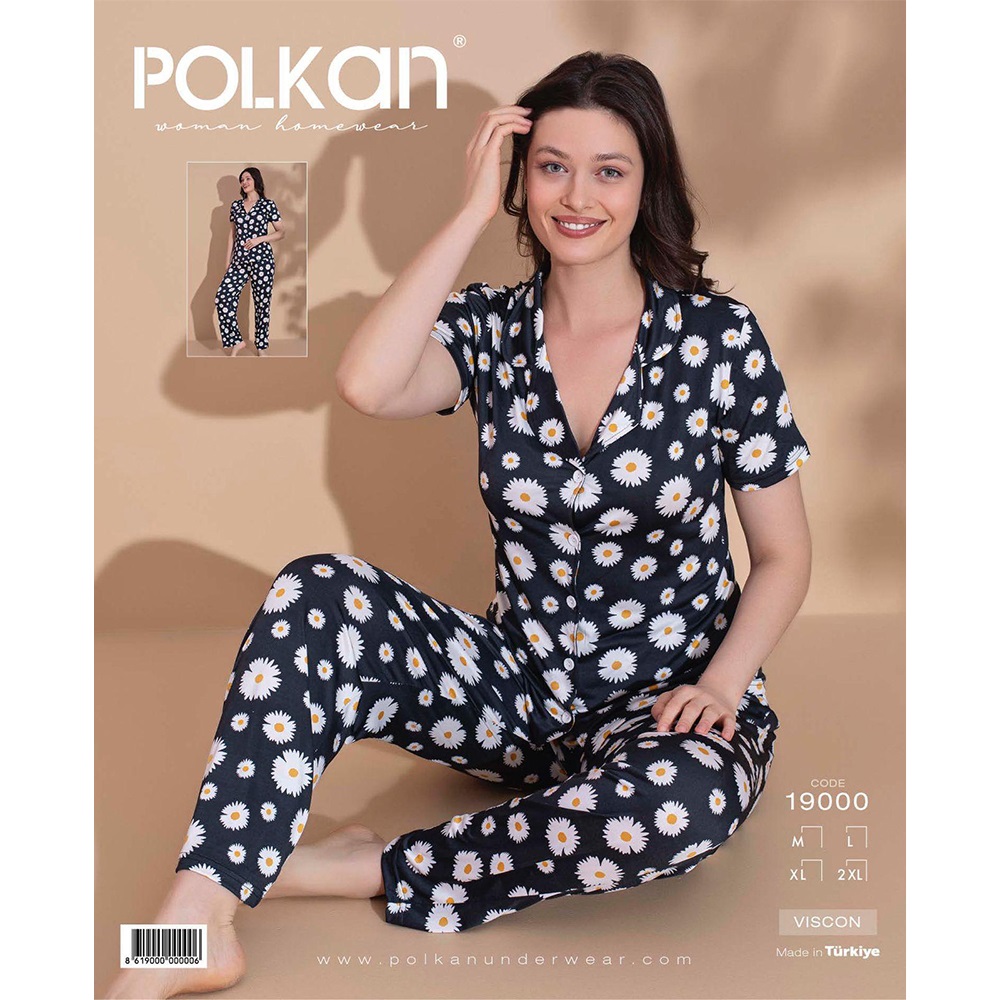 Polkan 19000 Bayan Milan Boydan Düğmeli Kısa Kol Pijama Takımı M-2XL