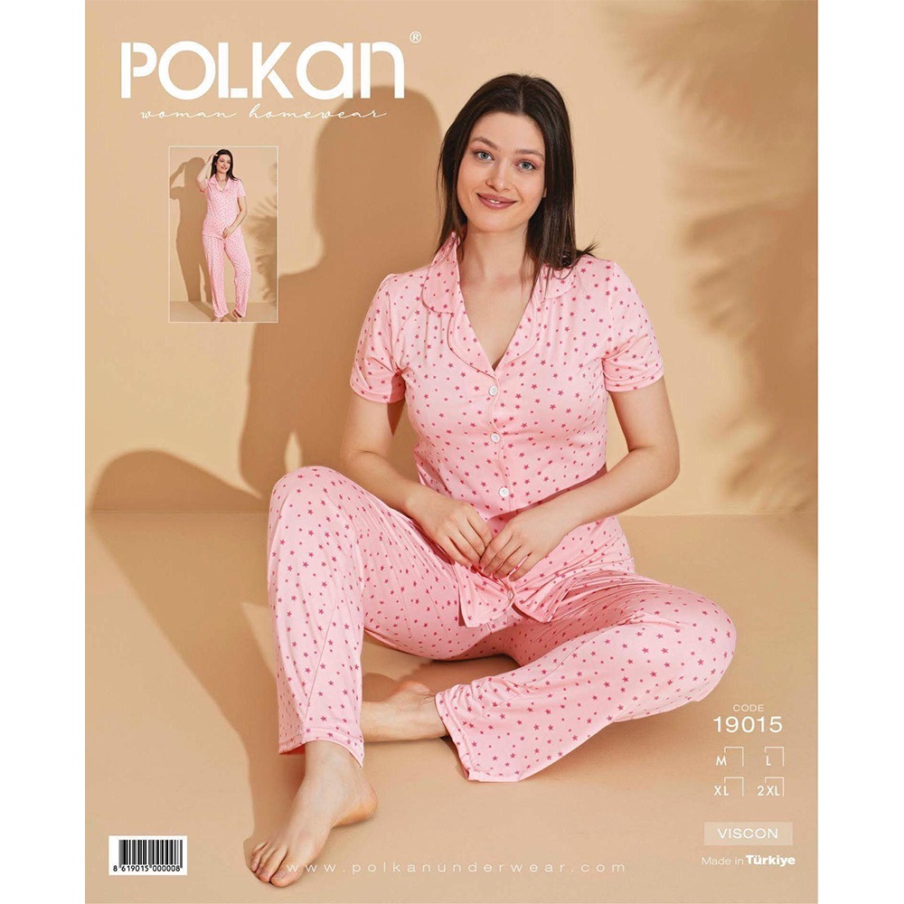 Polkan 19015 Bayan Milan Boydan Düğmeli Kısa Kol Pijama Takımı M-2XL