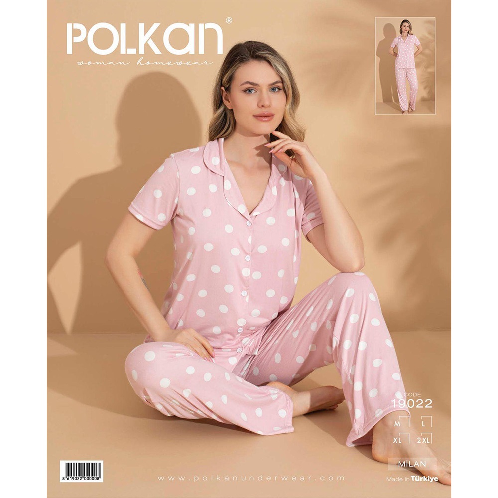 Polkan 19022 Bayan Milan Boydan Düğmeli Kısa Kol Pijama Takımı M-2XL
