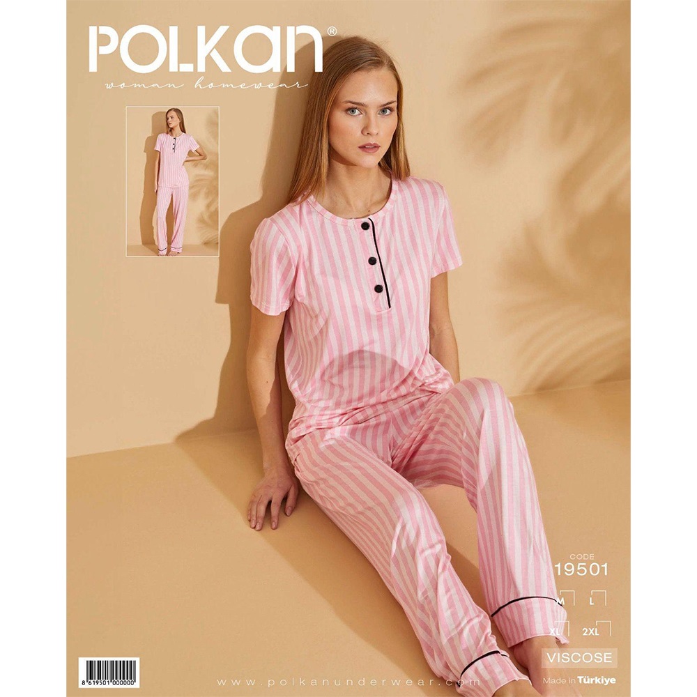 Polkan 19501 Bayan Milan Boydan Düğmeli Kısa Kol Pijama Takımı M-2XL