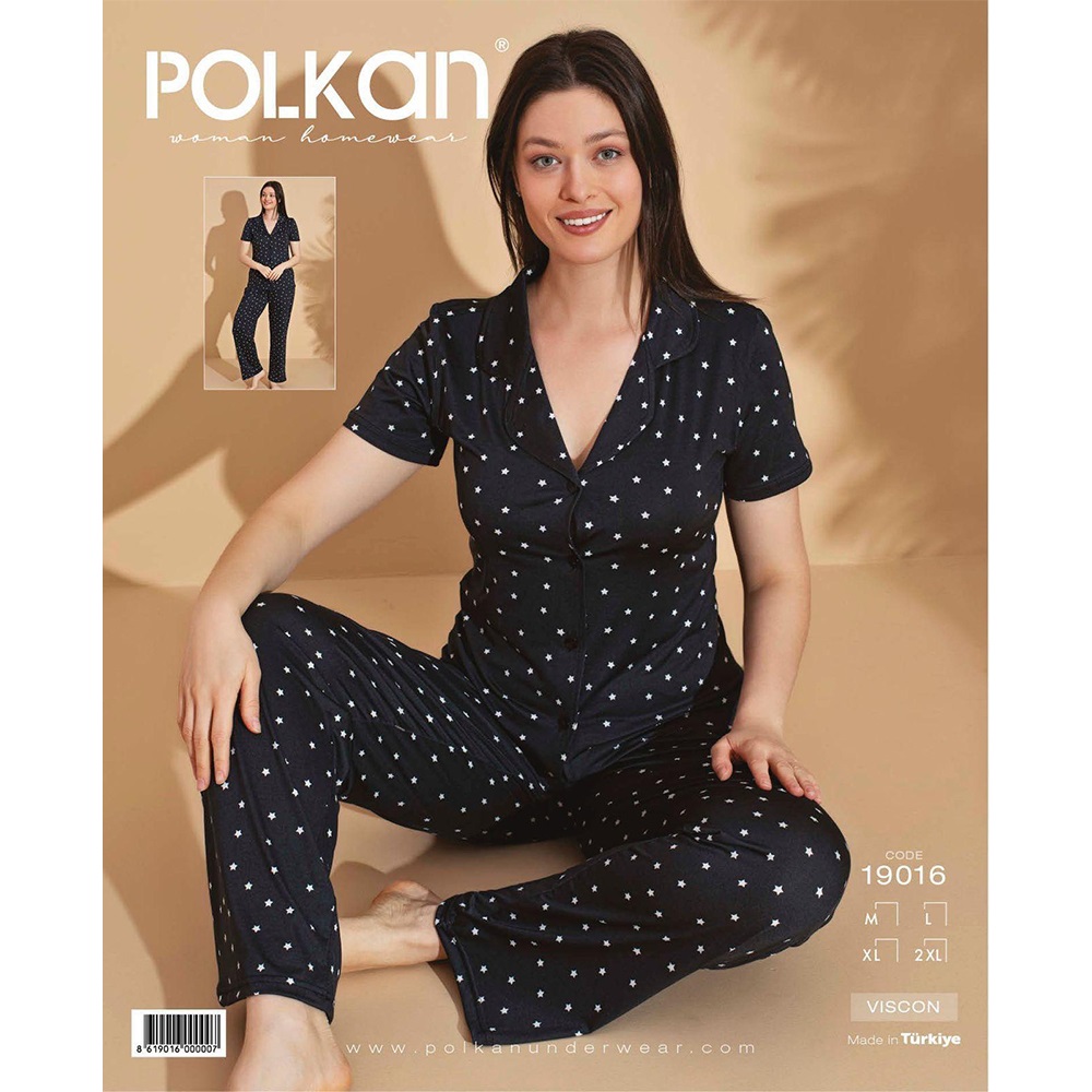 Polkan 19016 Bayan Milan Boydan Düğmeli Kısa Kol Pijama Takımı M-2XL