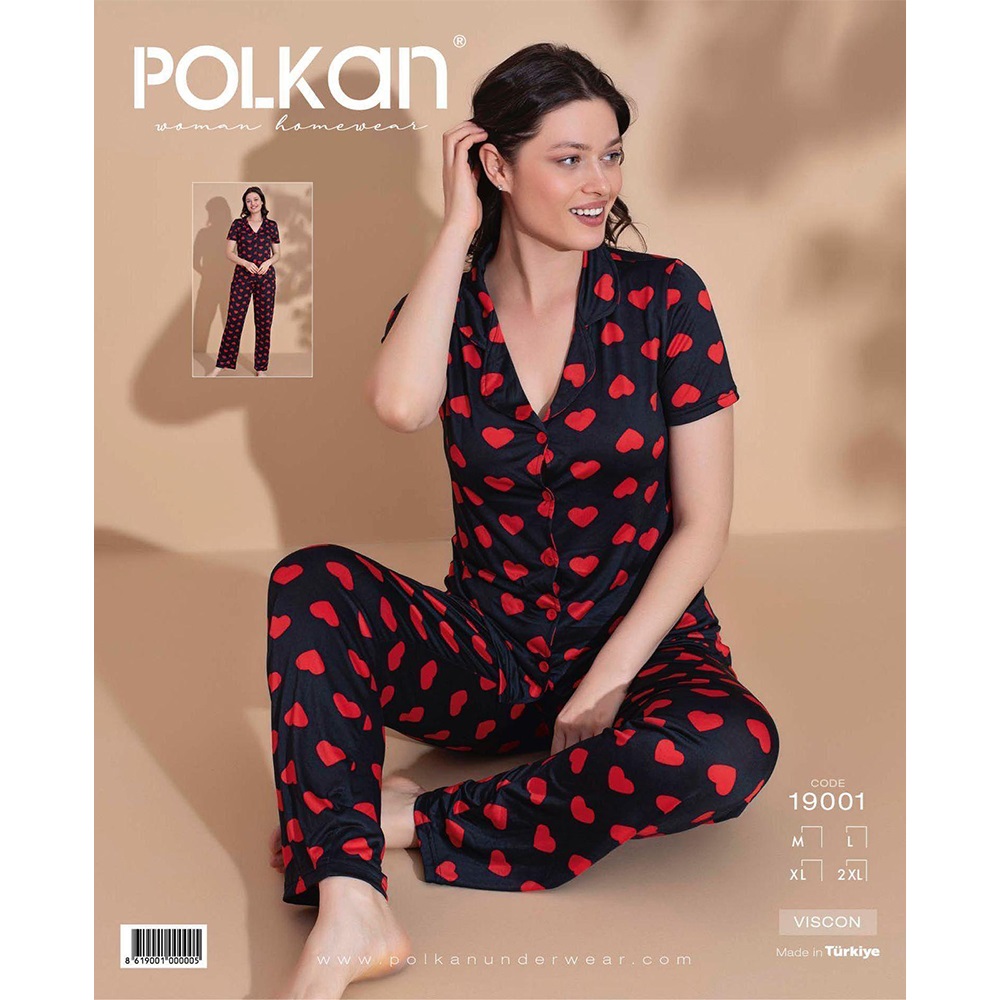 Polkan 19001 Bayan Milan Boydan Düğmeli Kısa Kol Pijama Takımı M-2XL