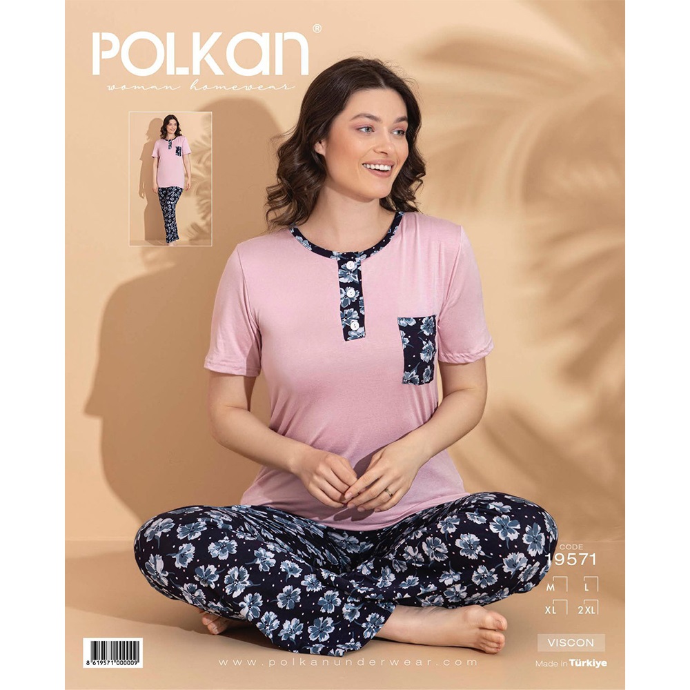 Polkan 19571 Bayan Desenli Kısa Kol Viscon Pijama Takımı M-2XL