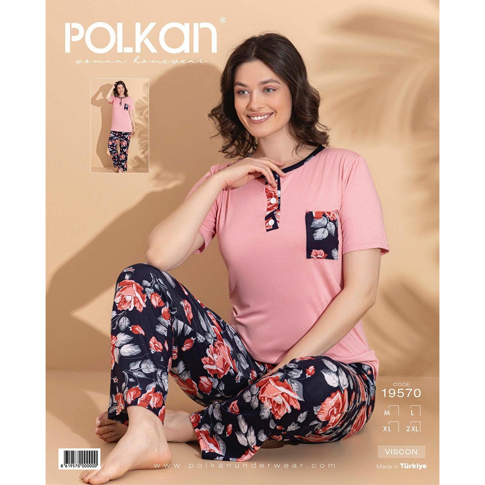 Polkan 19570 Bayan Desenli Kısa Kol Viscon Pijama Takımı M-2XL