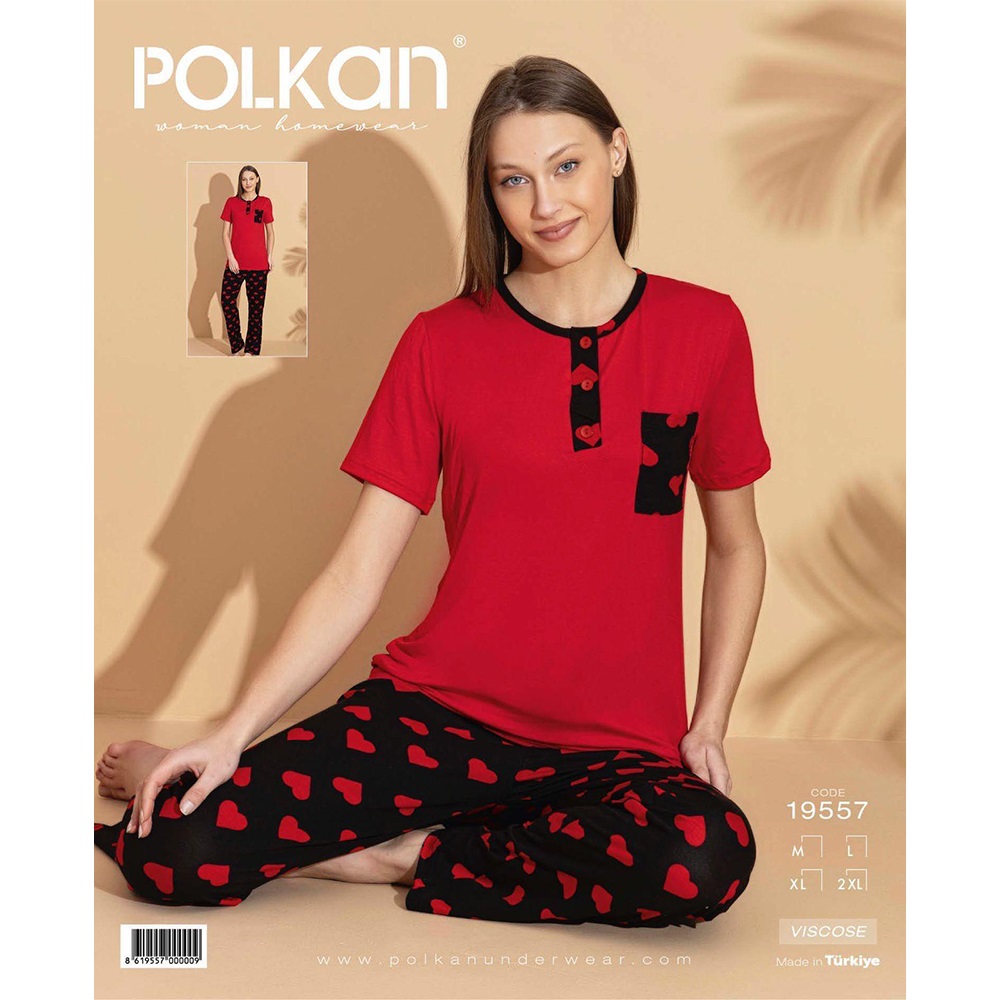 Polkan 19557 Bayan Desenli Kısa Kol Viscon Pijama Takımı M-2XL