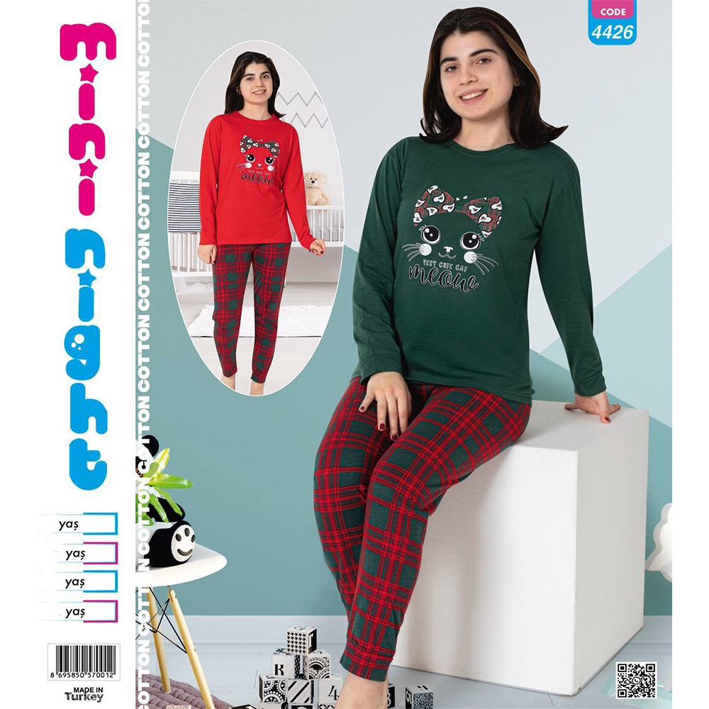 Mimi Night 4426 Kız Çocuk Penye Sevimli Kedi Baskılı U Kol Pijama Takımı 9-12 yaş