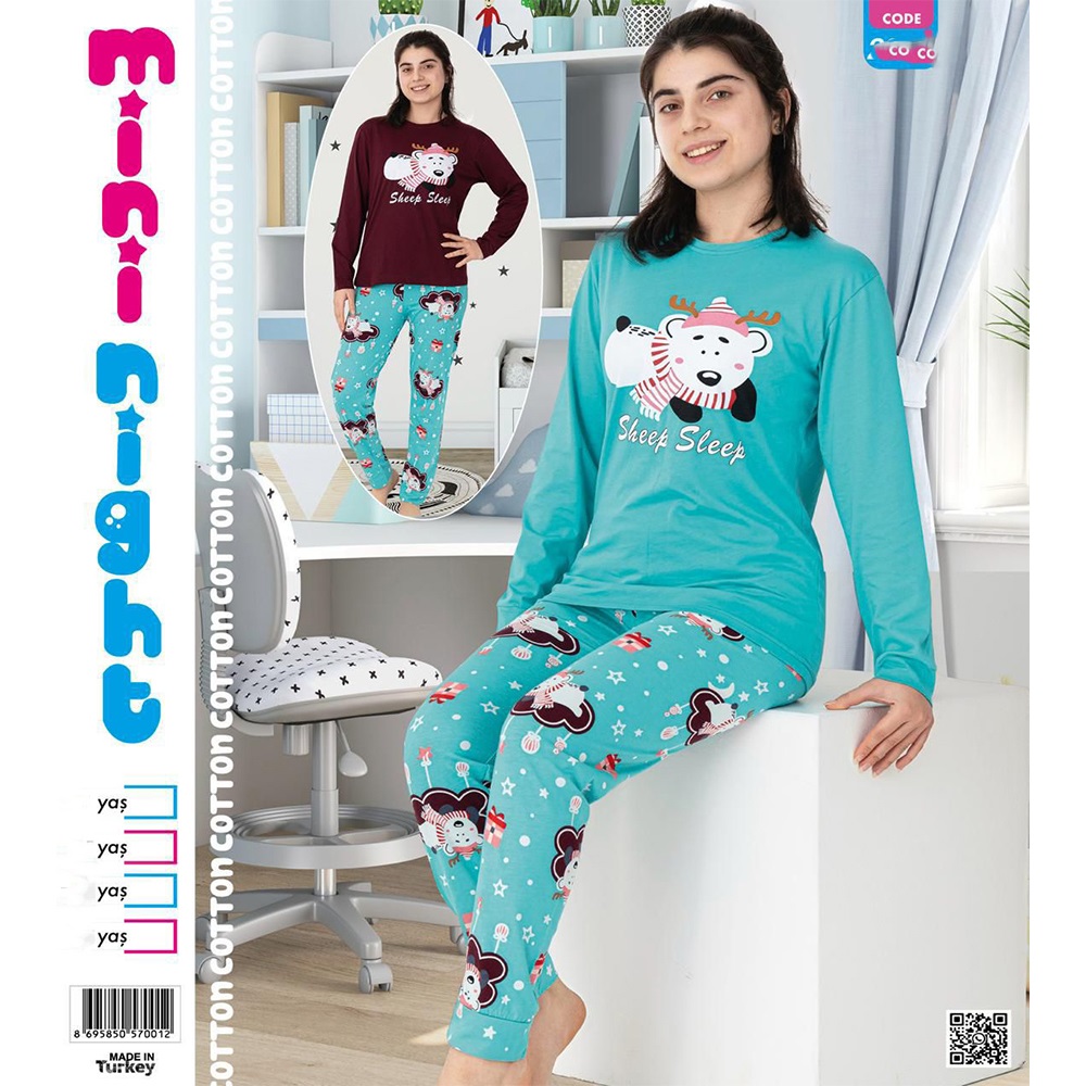 Mimi Night 6602 Kız Çocuk Penye Sevimli Geyik Baskılı U Kol Pijama Takımı 9-12 yaş