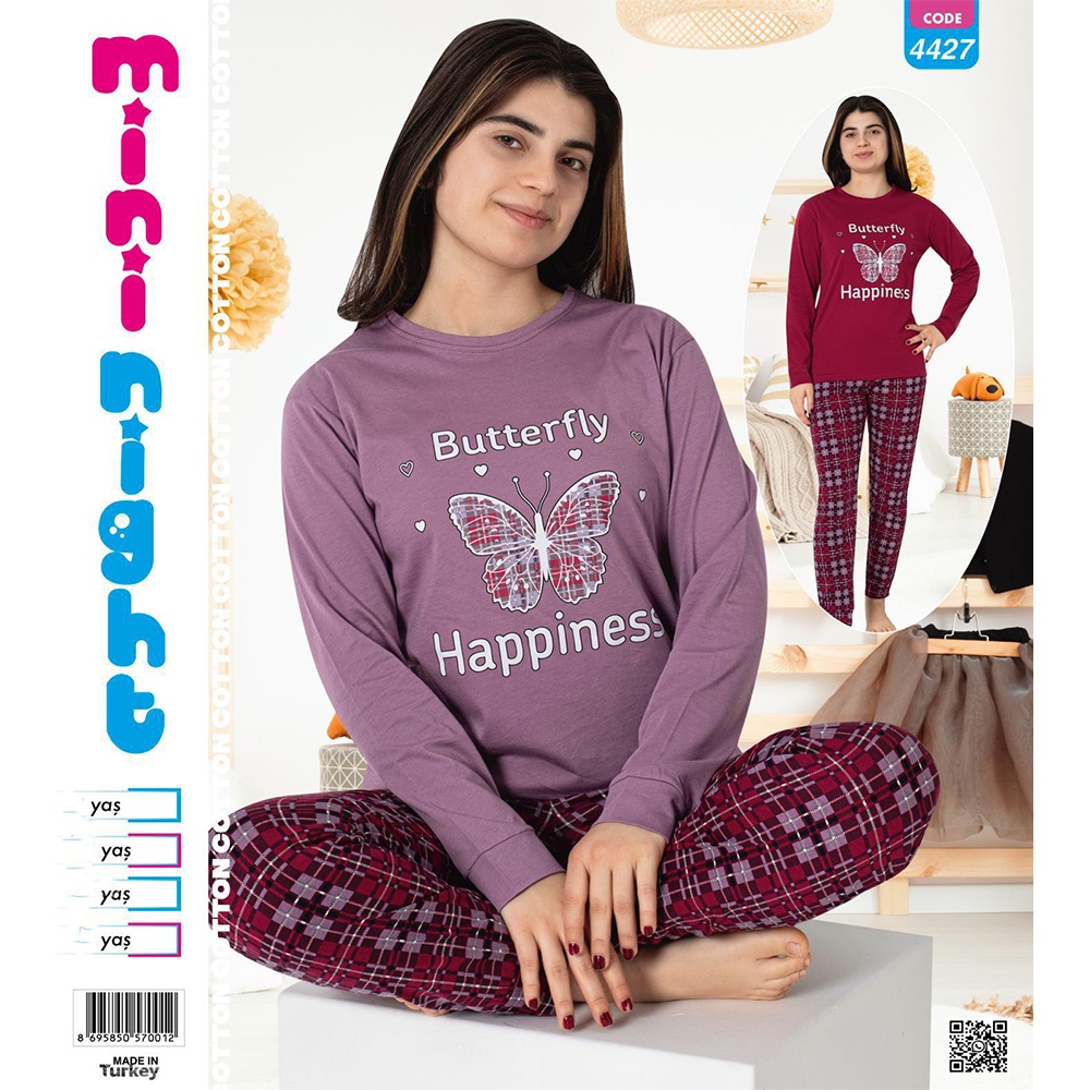 Mimi Night 4427 Kız Çocuk Penye Kelebek Baskılı Uzun Kol Pijama Takımı 5-8 yaş