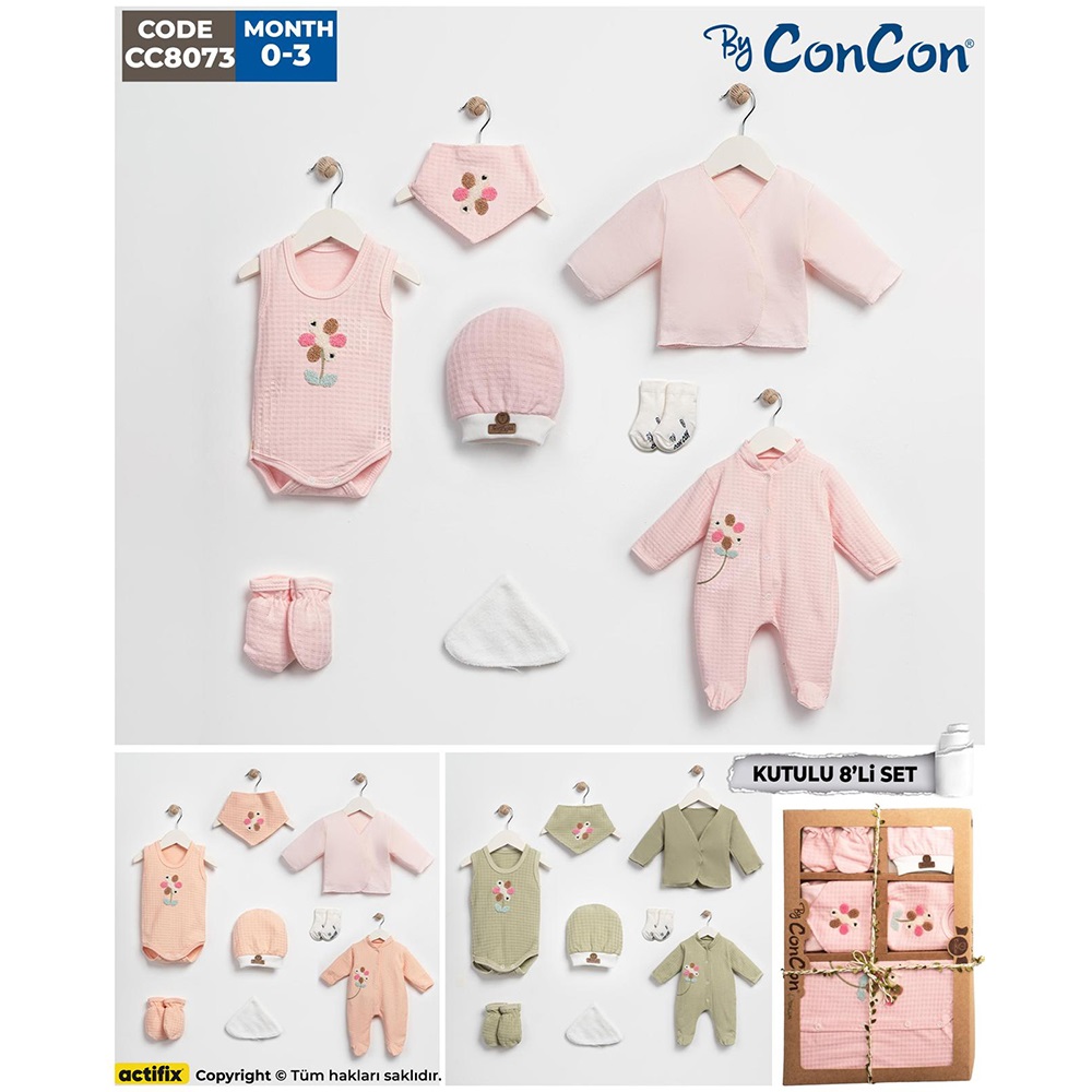 ConCon 8073 Bebe Organik Lüx Çicek Nakışlı 8 Parça Zıbın Set 0-3 Ay - Karışık Renk - 0-3 AY