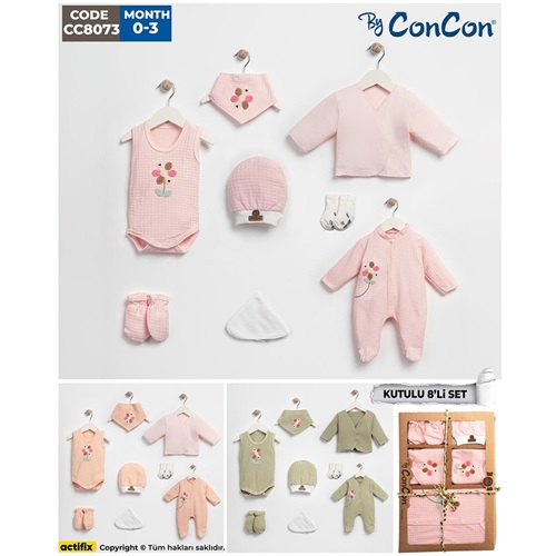 ConCon 8073 Bebe Organik Lüx Çicek Nakışlı 8 Parça Zıbın Set 0-3 Ay - Karışık Renk - 0-3 AY