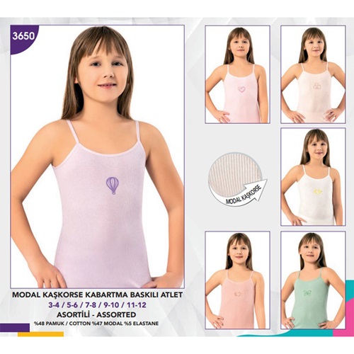 Kota 3650 Kız Çocuk Modal Kaşkorse Kabartma Baskı İp Askı Atlet (6 Lı) - Karışık Renk - 3-4 YAŞ